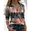 Blusas de mujer Tops con costuras Blusa informal holgada con cuello en V Tallas grandes Otoño Moda para mujer Manga larga Patrón Impreso Contraste de color