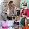 Women's T-Shirt Artsu 8 Colors Sexy Hollow Out Women Long Sleeve Crop Tops Striped Patchwork Drawstring Ribbed Bandage Fitness Clothes T231024