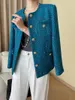 Women's Jackets Autumn Winter Peacock Blue Fragrant Round Neck Temperament Woven Tweed Coat Chic