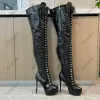 Ahhlsion – cuissardes d'hiver faites à la main pour femmes, chaussures à talons aiguilles avec fermeture éclair latérale, bout rond, Crocodile noir, chaussures de fête pour dames, taille américaine 5-20