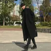 Men's Trench Coats Men Black Wool Blends Vintage Japan Style Loose Sashes Casual Harajuku Outwear Over Knees Allmatch Thickening Warm Korean 231023