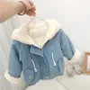 Down Coat Autumn Winter Thick Warm Kid Denim Baby Girls Ears Hooded Velvet Fur Jackets Outerwear Children Overcoat 2-6Y