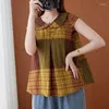 Blouses pour femmes Chemises en lin de coton pour femmes Plaid Vintage manches courtes en vrac décontracté style coréen col de poupée une pièce chemisier hauts