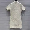 Women's stand collar short sleeve knitted jacquard weave letter pattern bodycon tunic sexy dress SML