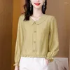 Blouses pour femmes 2023 été coton lin simple boutonnage col de poupée chemise à sept points manches d'âge moyen hauts féminins à la mode T434