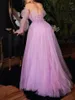 Party Dresses Elegant Long Evening Glitters Tulle Women Lace Applique Beaded Illusion Puffy Sleeves Slit Formal Prom Gowns