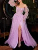 Party Dresses Elegant Long Evening Glitters Tulle Women Lace Applique Beaded Illusion Puffy Sleeves Slit Formal Prom Gowns