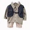 Set di abbigliamento Completo per bambini Ragazzo Camicia finta in due pezzi Pantaloni casual color kaki Bambino Autunno Risvolto Maniche lunghe Trendy Cool