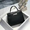 Women Box Leather Handbag Black Glossy Box Calfskin High End Hand Honey Wax Thread Order Women's Bag L with logo