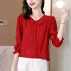 Blouses pour femmes 2023 été coton lin simple boutonnage col de poupée chemise à sept points manches d'âge moyen hauts féminins à la mode T434