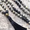 Kolye Kolyeleri Geleneksel Erkekler İçin Düğümlü 8mm Dalmatian Taş Mala Kolye 108 Siyah Tassel ile Dua Boncukları