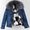 Женская джинсовая куртка из смесовой шерсти с подкладкой из натурального меха, пальто Parkas100, женское зимнее пальто с большим воротником из енота 231023