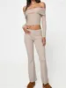 Zweiteilige Damen-Hosen CHRONSTYLE Damen-2-teiliges Strick-Outfits, gerippte Sets, schulterfrei, Slash-Ausschnitt, Langarm-Pullover, Crop-Tops-Set
