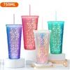 Tumblers Diamond Water Bottles Girls Double Layer Plastic Summer Cold Cup Iced Coffee Juice Mug Tumbler With Straw Lid Drinkware 231023