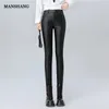 Damenhosen Winter Leder Schwarz Slim Hohe Taille Klassische Hosen Bleistift Enge Pu Faux Für Frauen 2023