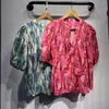 Women's Blouses 2023 Summer Oil Painting Printing V-neck Five-point Puff Sleeves Pleated Loose Shirt Women Dress