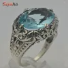 Cluster Rings Fashion Bohemia Style Antique Silver 925 Sea Blue Stone Crystal Vintage For Women