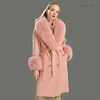 Wool Coat Women Pied de Poule Natural Fox Fur Collar Cashmere Wool Blends Długie odzież wiejska damskie streetwear 210218