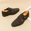 Kleidschuhe Flock-Loafer für Männer Doppelschnalle Monk Schwarz Braun Slip-On Square Toe Business mit