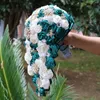 Flores de casamento JaneVini 2023 Bling Strass Cachoeira Buquês De Noiva Verde Escuro Marfim Fita Artificial Em Cascata Bouquet Para Noiva