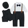 Set di abbigliamento estivo da gentiluomo per neonati e ragazze Set di compleanno Set da bambino Body piatto Cappello a maniche corte Canotta Cappello con cinturino Pantaloni 4 pezzi / set Body per bambini001