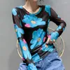 Camisetas femininas moda all-match floral impresso gaze t-shirt para feminino primavera outono coreano magro manga longa em torno do pescoço tops roupas
