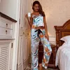 Kvinnors sömnkläder V-Neck Camitrousers Sleep Pust Women Satin Två stycken Pyjamas Set Sexig Nightwear Summer Loungewear Home Outfits