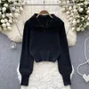 Kadın Sweaters Sonbahar Giysileri Kış Kadınlar İçin Katı Sıradan Jumper Polo yaka Kablo Örgü Uzun Kol Kısa Külot Kazak