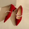Dress Shoes Women Square Middle Heels 2023 Spring Classic White Red Wedding Pumps Mary Janes Luxury String Bead Pearls Pointed Toe