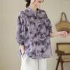 Kadınlar Blouses 2023 Yaz Sanatları Tarzı Kadınlar 3/4 Kollu Gevşek Ladies Kazak Bluz Vintage Çiçek Baskı Gündelik Gömlek Tops P100