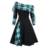 Freizeitkleider Damen Herbst und Winter Plaid Damen Perlen Neckholder Heimkehrkleid Kurzer Tüll-Abschlussball High Neck Midi-Nachtoutfit