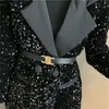 Costumes pour femmes Blazers Mode femmes brillant double boutonnage paillettes costume veste femme manteau noir Slim Fit Blazers printemps automne vêtements avec ceinture Top231023