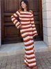 Casual Dresses Elegant Wave Striped Cotton Knitted Maxi Dress Women Fashion O-neck Flared Sleeves Backless Female Beach Vacation Robe