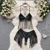 Arbetsklänningar singreiny sommar pu läder strand passar kvinnor grimma backless camis mini kjol set mode sexig bikini tassel två stycken uppsättningar