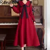 Casual Dresses Women Plus Size Year 2023 Christmas Sweet Party Dress Long Sleeve Navy Collar Sanding Vintage Midi Outwear Clothing
