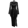 Casual Dresses Goth Sexy Bandage Flared Sleeve High Slit Bodycon Long Vintage Elegant Black Velvet Lace Mesh Party Vestido