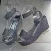 Sier 694 Sandals Rhinestone أسافين للنساء Round Open Tee Summer Platform Crystal Wedding Shoes مريح المكاتب النسائية