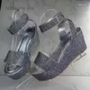 Sier 694 Sandalen Strasskeile für Frauen rund Open Toe Summer Platform Crystal Hochzeitsschuhe komfortable Büro Frauen's's's's's's's