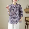 Kadınlar Blouses 2023 Yaz Sanatları Tarzı Kadınlar 3/4 Kollu Gevşek Ladies Kazak Bluz Vintage Çiçek Baskı Gündelik Gömlek Tops P100