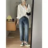 Kadın Bluzları 2023 Sonbahar Gömlek Kadınlar için Kore tarzı Soild Renk Uzun Kollu Gevşek Düğme Up Bluz Tasarımı Kadın Pamuk Üstleri Beyaz