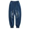 Herrbyxor Retro Blue Dye Indigo National Style Sweatpants byxor Mense Chrysanthemum broderi Ancient Loose