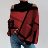 Damesblouses Contrasterende kleur Top Geometrische print Off-shoulder Pullover Stijlvolle losse T-shirtblouse voor herfst-lentevrouwen