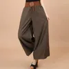 Women's Pants Summer Vintage Solid Color Casual Loose Wide Leg Female Elastic Spliced All-match Thin Cropped Clothing