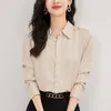 Kvinnors blusar Autumn Fashion Button Up Shirt Women Real Silk Blus Turn-Down Collar Long Sleeve Shirts Design Tops Solid Elegant