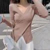 Pulls pour femmes Beige Sexy Fentes Tricot Pull Bas Col V Pull T-shirt Pour Femmes Pull Slim Top Tissu Chemise Vêtements Collants