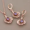 Ketting Oorbellen Set Glanzende Paarse Natuurlijke Zirkoon Drop Voor Vrouwen 585 Rose Goud Kleur Bruiloft Vintage