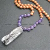 Pendants Handmade Rectangle Winding Pendant Natural Crystal Mineral Healing Necklace Amethyst Wood Round Beads Chain Energy Jewelry
