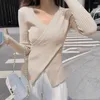 Pulls pour femmes Beige Sexy Fentes Tricot Pull Bas Col V Pull T-shirt Pour Femmes Pull Slim Top Tissu Chemise Vêtements Collants