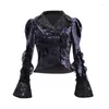 Kvinnorjackor blodförsörjning Kvinnor Autumn Jacket Velvet Jacquard Turn-Down Collar Slim Gothic European Court Halloween Short Coat