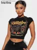 Kvinnors t-shirt Hawthaw Women Short Sleeve Graphic Y2K Streetwear Black Crop Tops T Shirts Tees 2023 Summer Clothes Wholesale Party for Business T231024